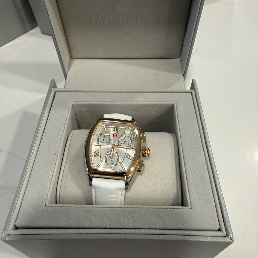 Michele Gold-Tone Case with White Strap Watch